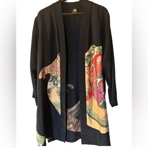 Artisan Silk Black Kimono Jacket with Multicolor Oriental Print